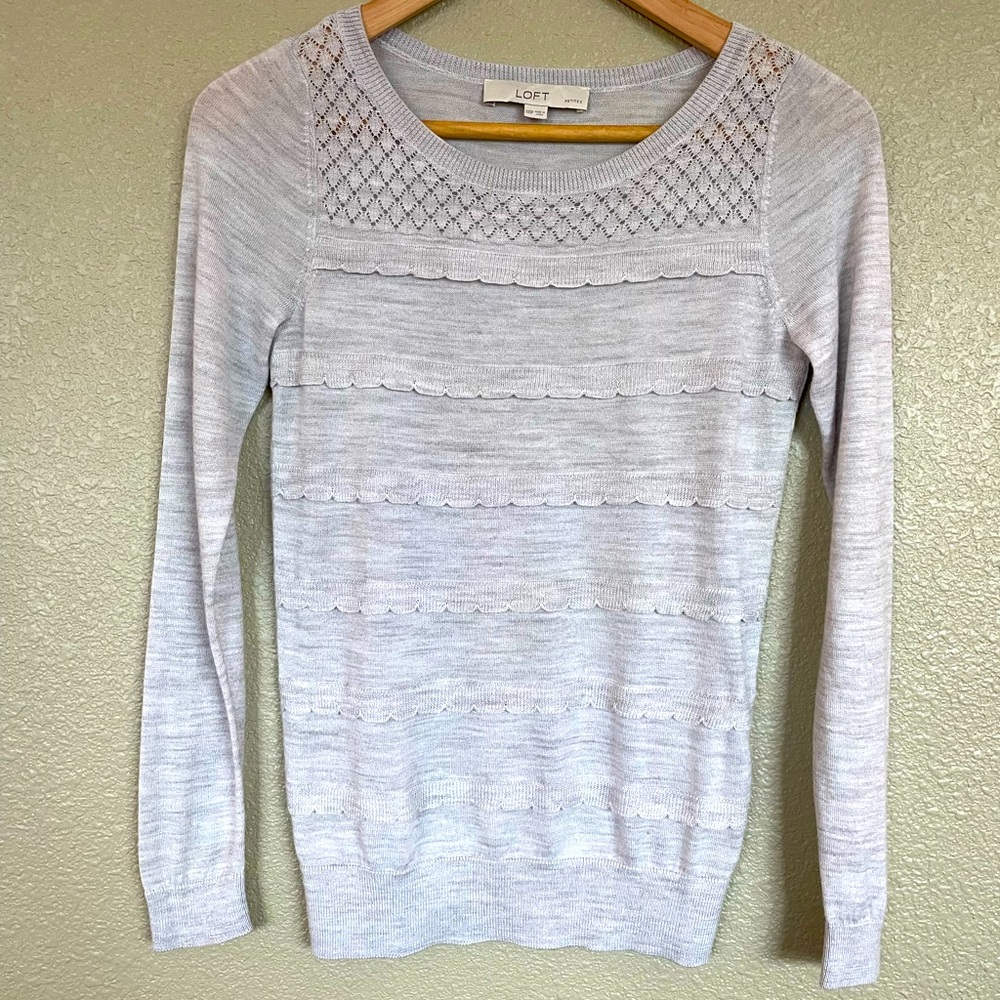 Light gray, lightweight sweater with pretty details.